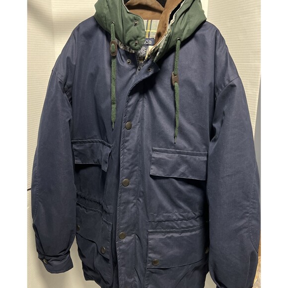 Vintage Nautica Duck Down Barn Chore Coat Men's Large Leather Collar Hood Blue - Picture 4 of 9